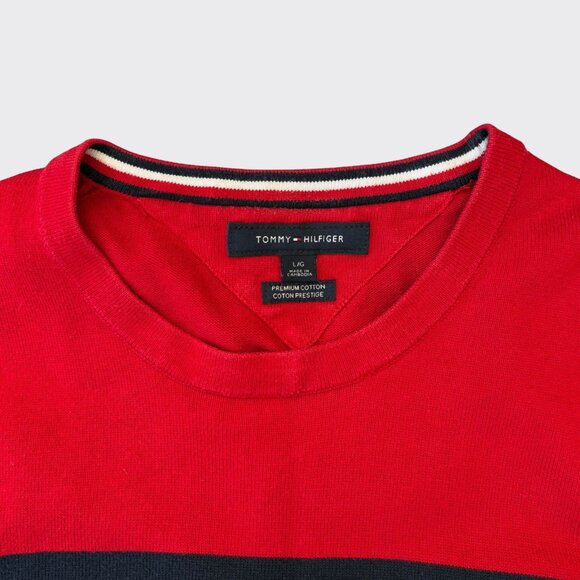 Tommy Hilfiger Men’s Crewneck Cotton Sweater L Red Navy Colorblock Logo - Picture 4 of 7